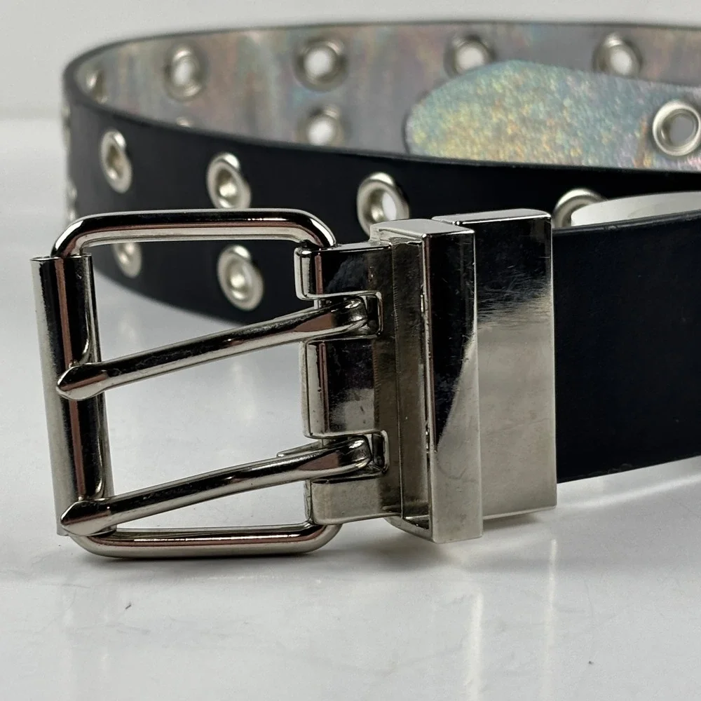 Reversible Holographic Silver Grommet Belt Unisex Large Black 2-Row Y2k Grunge